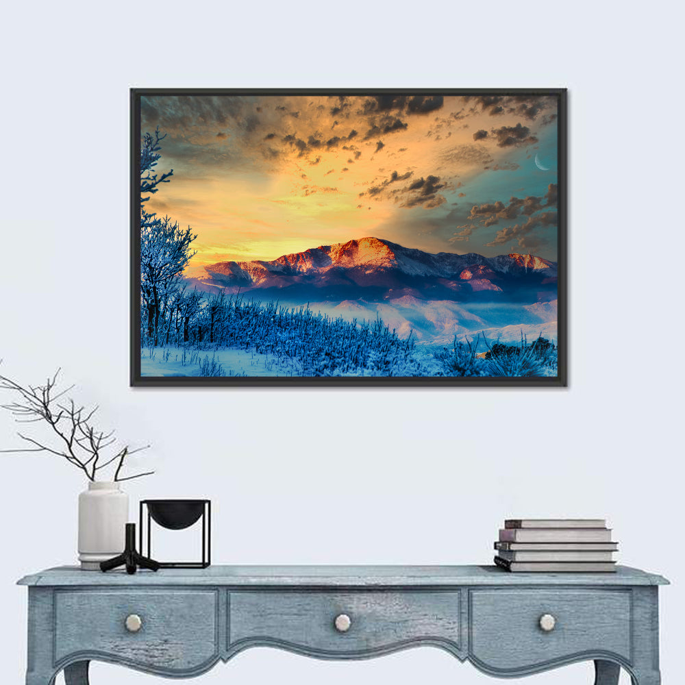 Pikes Peak Golden Sunset Wall Art in a room, landscape