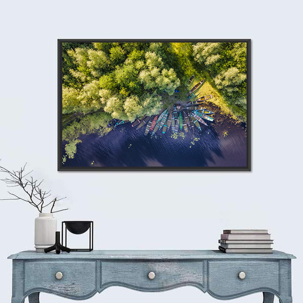 Cluster of Boats Along Forest Shore Wall Art in a room, landscape