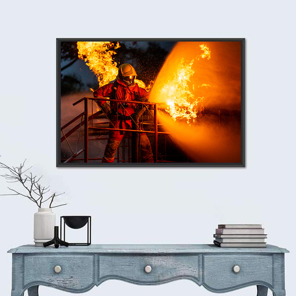 Firefighter Hose and Flame Wall Art in a room, landscape