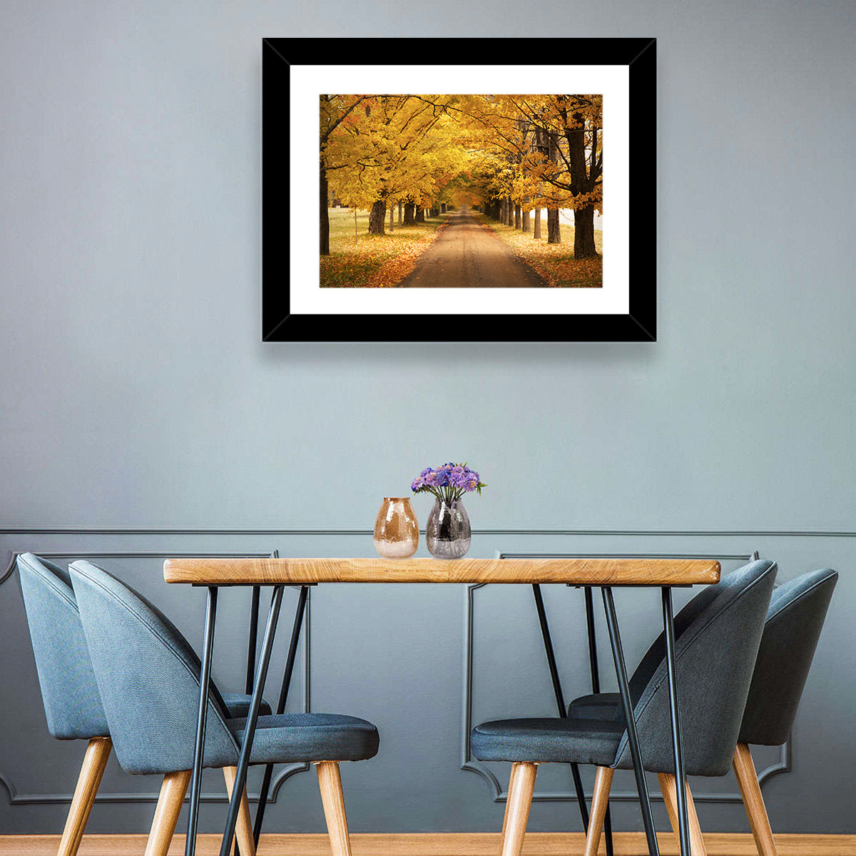 Golden Autumn Road Wall Art in a room, landscape