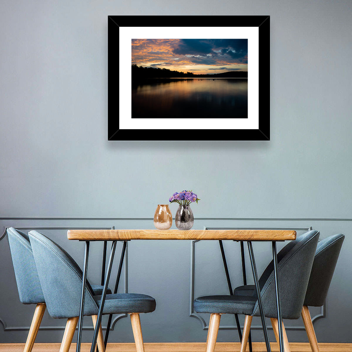 Lake Squam Sunrise Reflection Wall Art in a room, landscape
