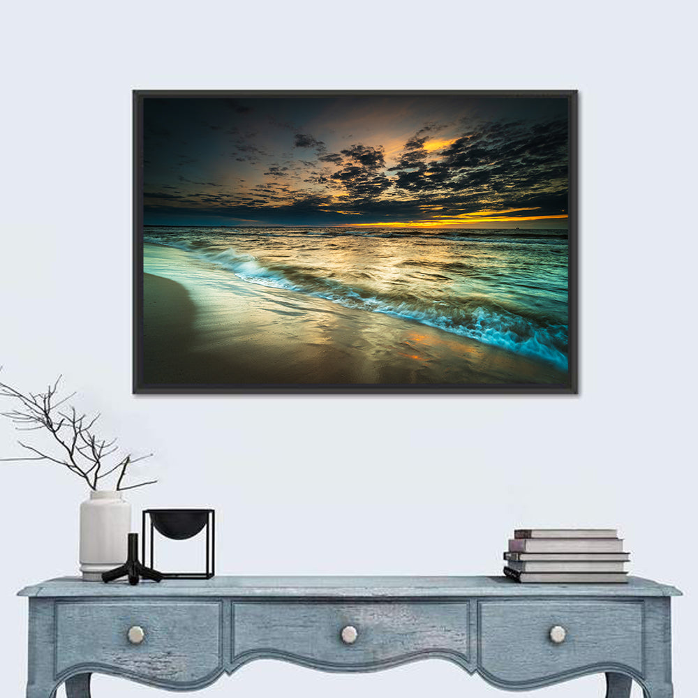 Shoreline Sunset with Boat Silhouette Wall Art in a room, landscape