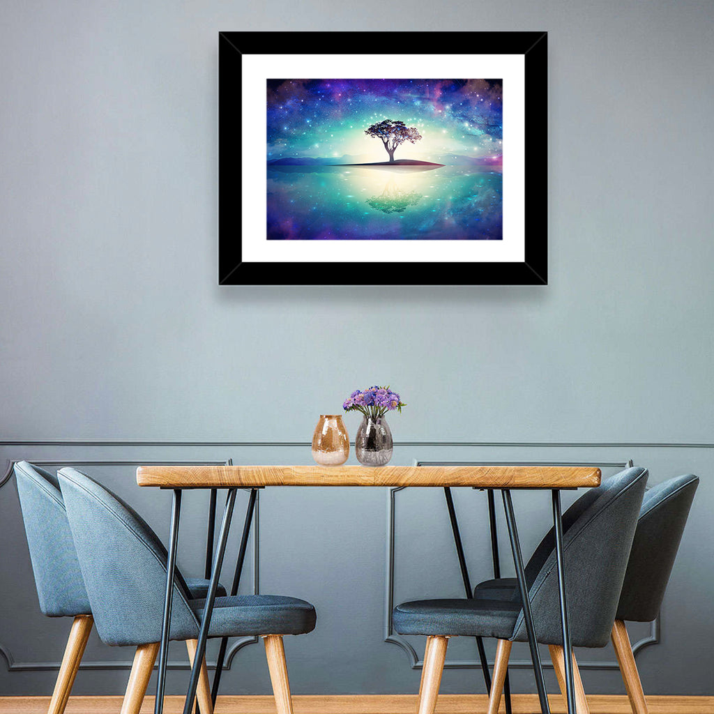 Glowing Island Tree Under Starry Nebula Wall Art