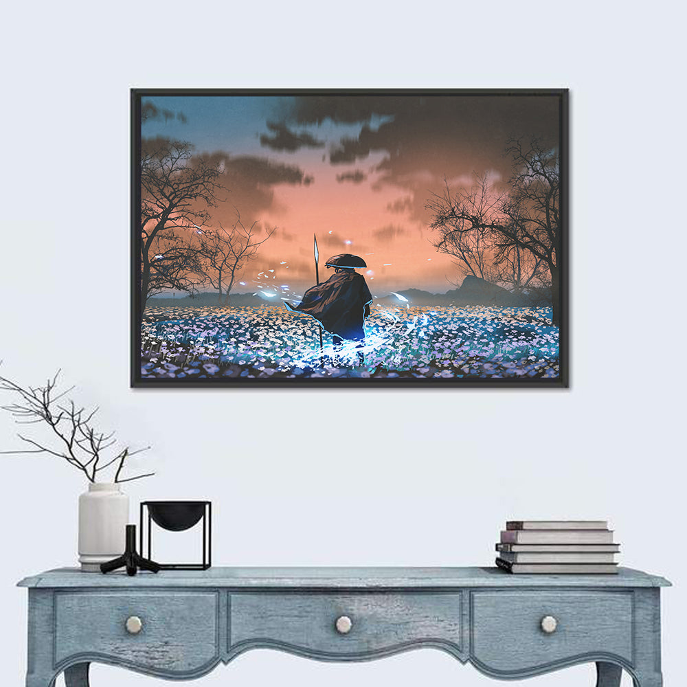 Straw Hat Samurai at Dusk Wall Art in a room, landscape
