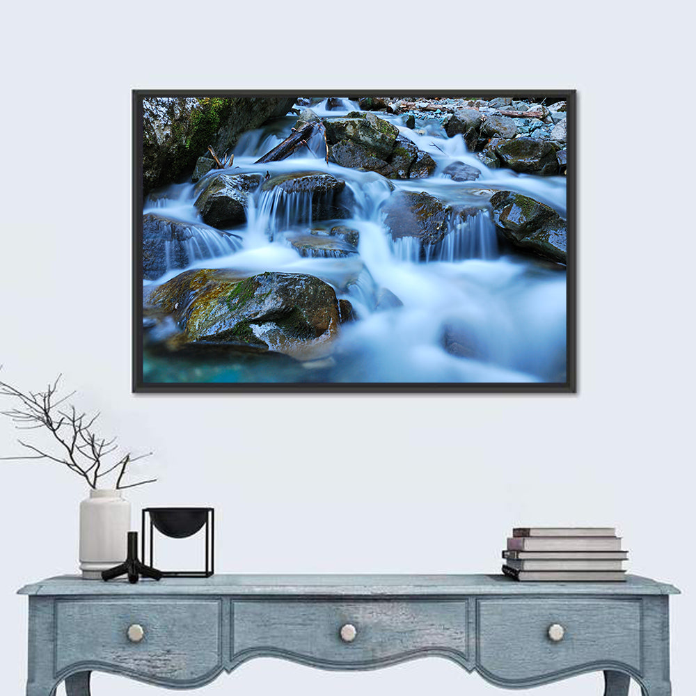 Mossy Rock Stream with Silky Waterfall Wall Art in a room, landscape
