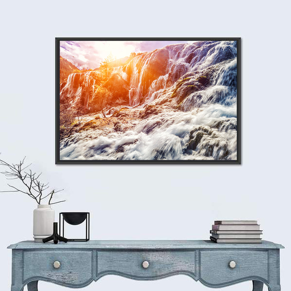 Sunlit Mountain Waterfall Closeup Wall Art in a room, landscape