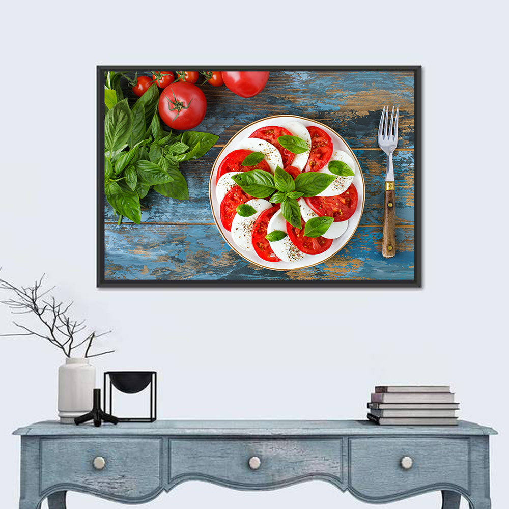Rustic Caprese Salad with Basil Wall Art in a room, landscape