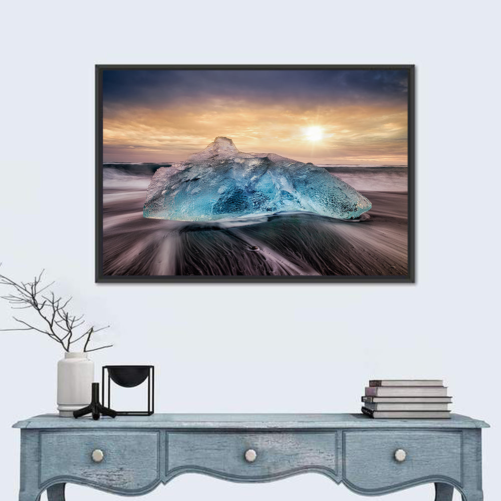 Diamond Beach Iceberg at Sunset Wall Art in a room, landscape