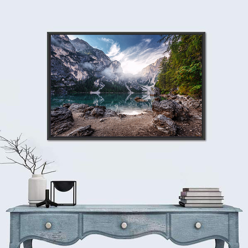 Lago Di Braies Reflection Wall Art in a room, landscape