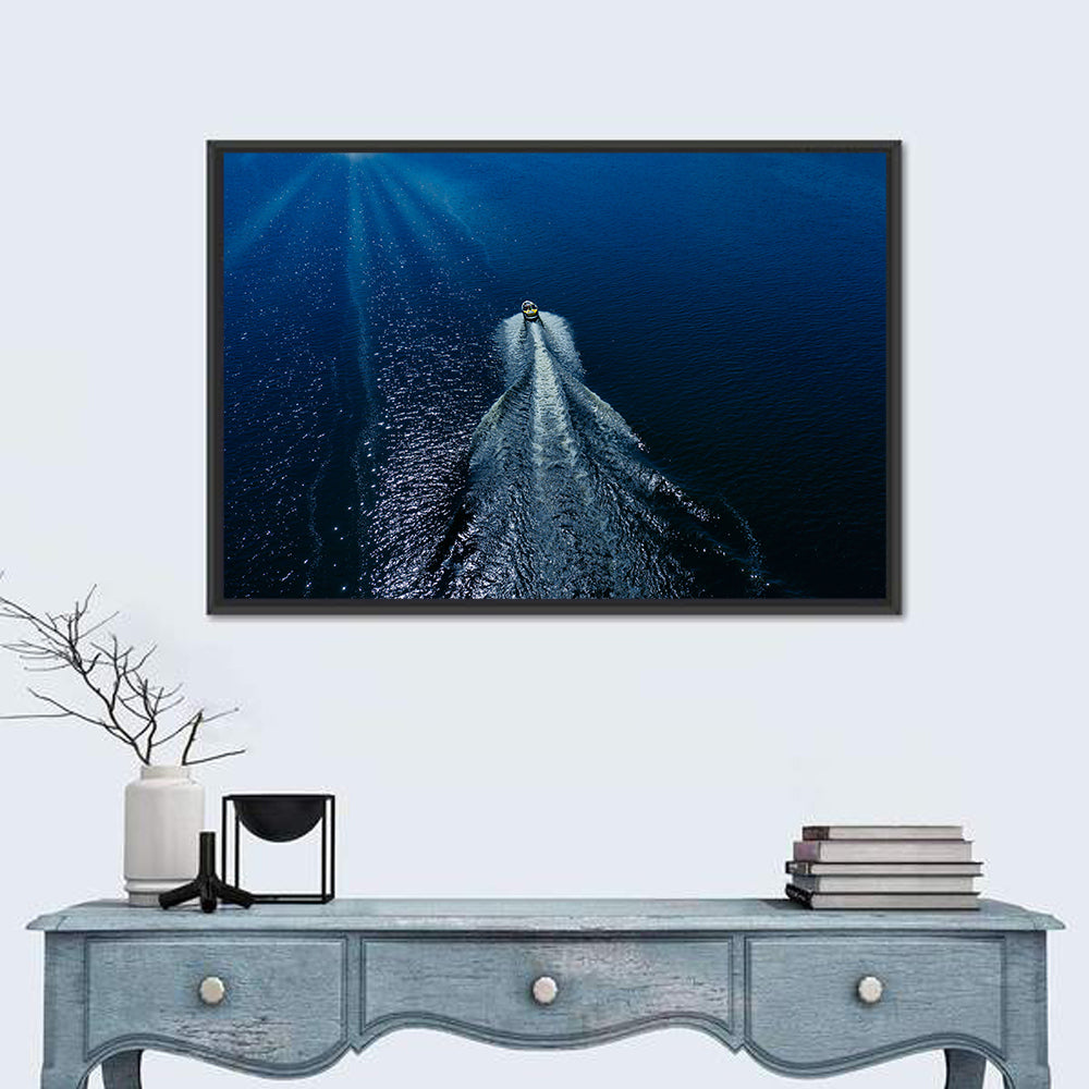 Aerial Boat Over Deep Blue Water Wall Art