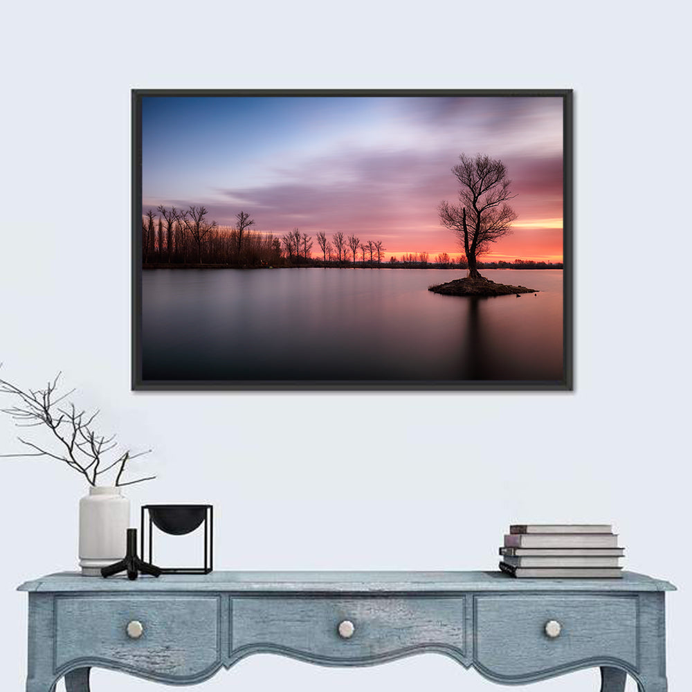Solitary Island Tree at Sunset Wall Art in a room, landscape