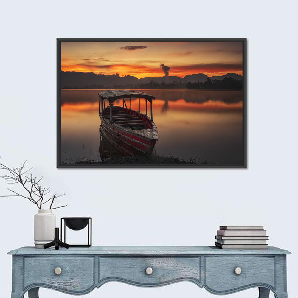 Sunset Fishing Boat on Calm Lake Wall Art in a room, landscape