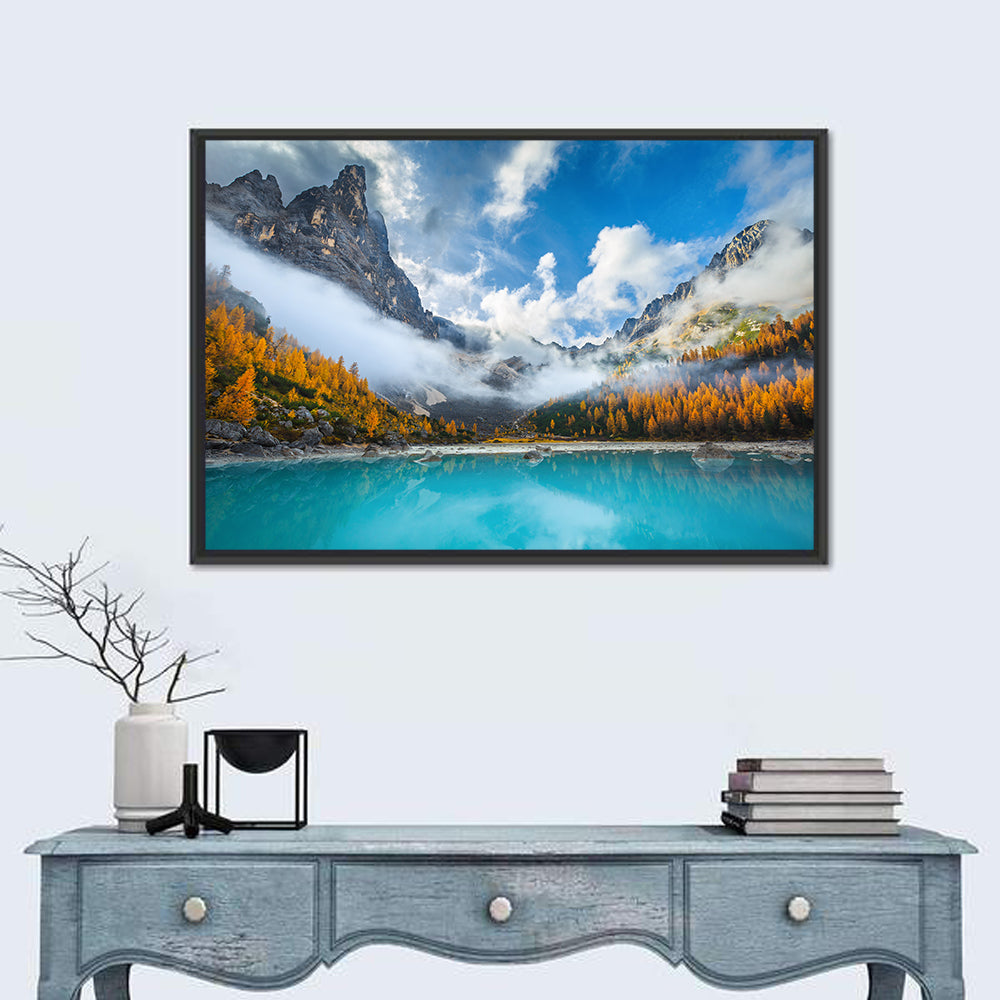Autumn at Lake Sorapis, Dolomites Wall Art in a room, landscape