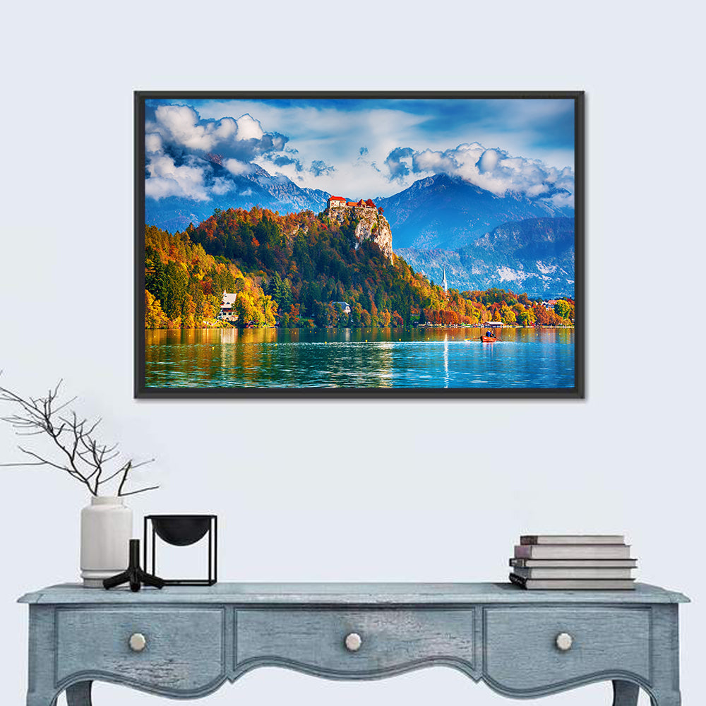 Bled Castle with Rowboat Wall Art in a room, landscape