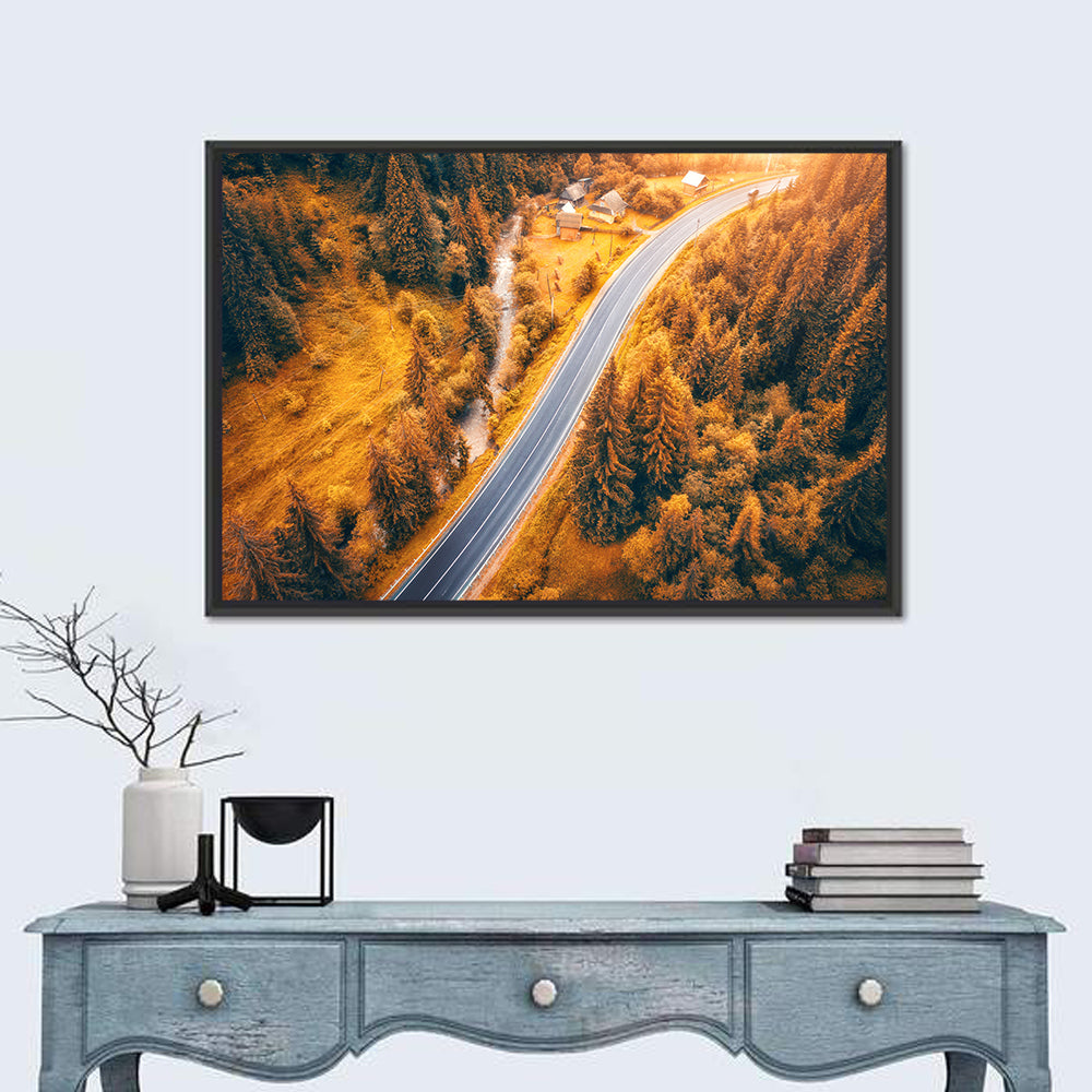 Carpathian Autumn Road Wall Art in a room, landscape
