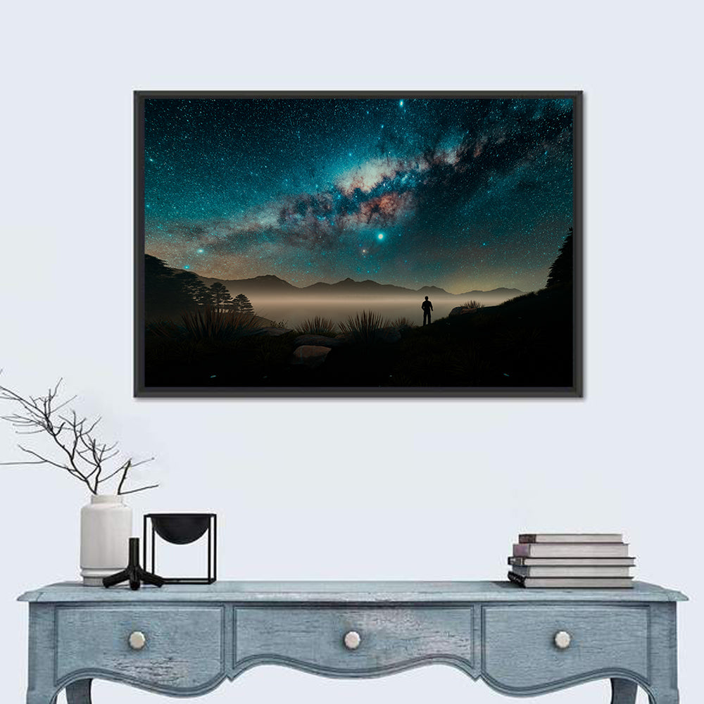 Milky Way Over Misty Mountain Ridge Wall Art in a room, landscape