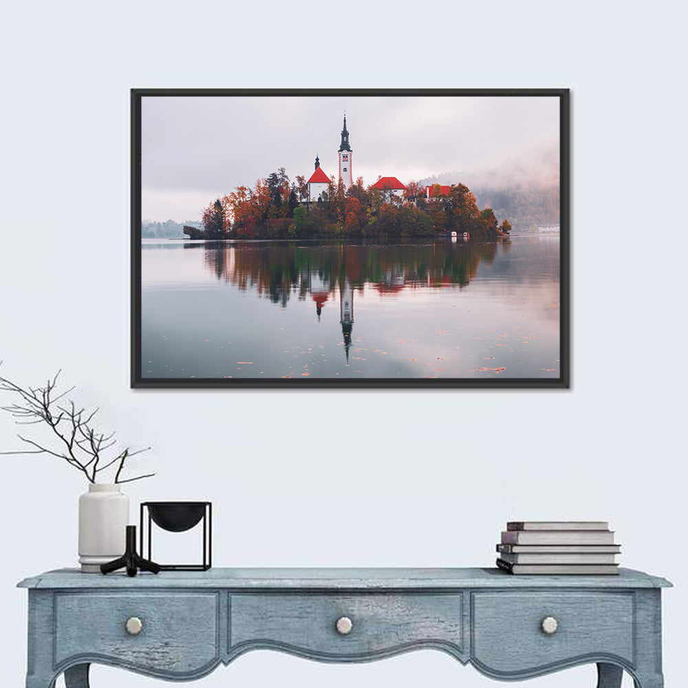Lake Bled Morning Reflection Wall Art in a room, landscape