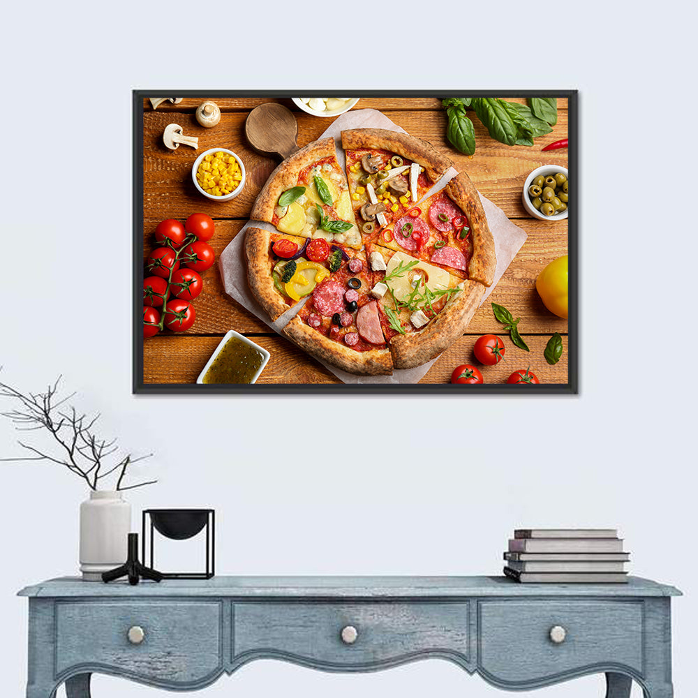 Sliced Pizza on Wooden Board Wall Art in a room, landscape