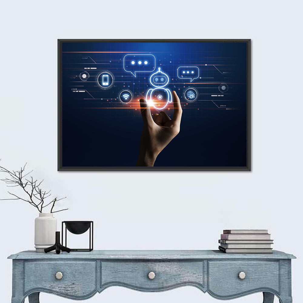 Hand Holding Robotic Assistant Icon Wall Art in a room, landscape