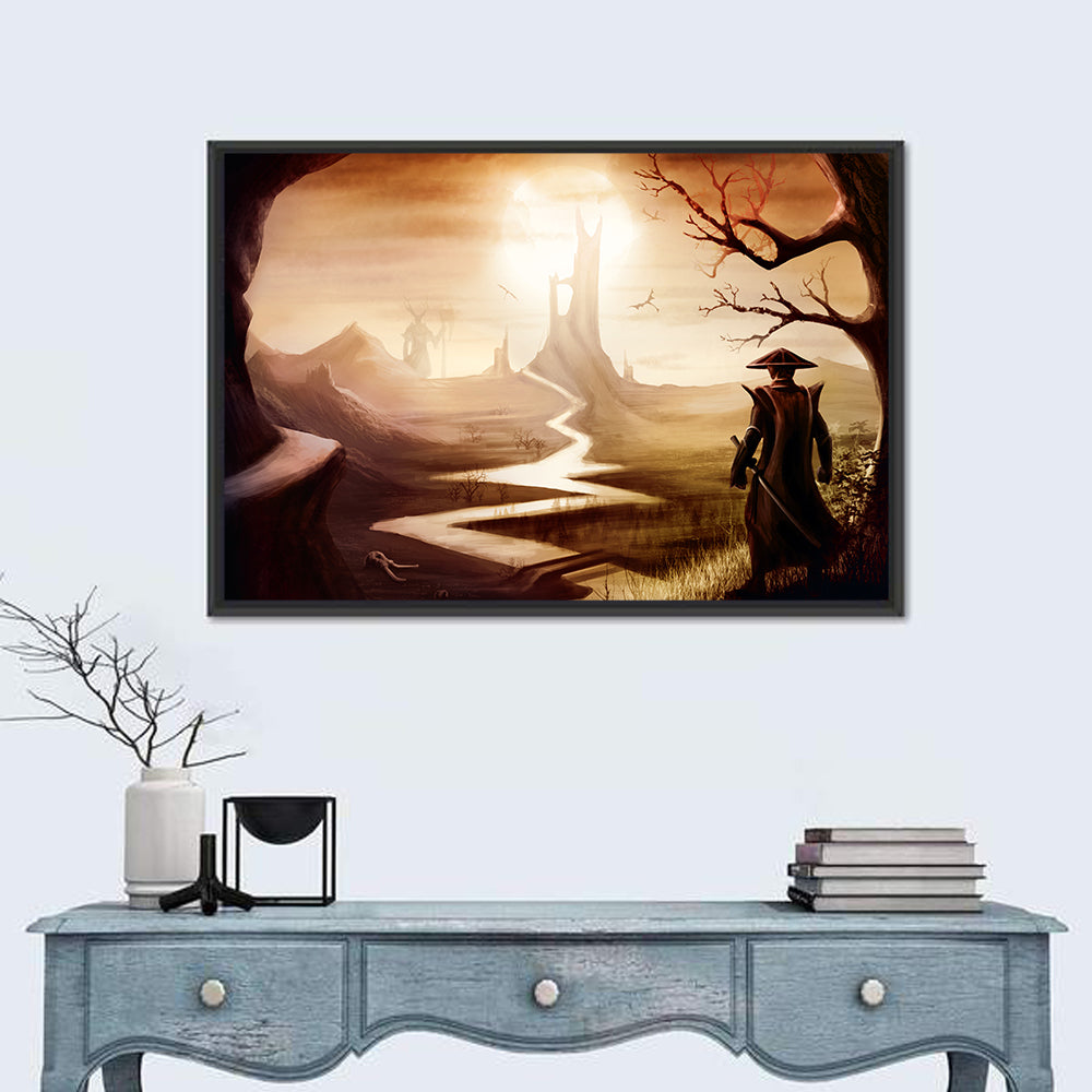 Silhouetted Samurai at Distant Tower Wall Art
