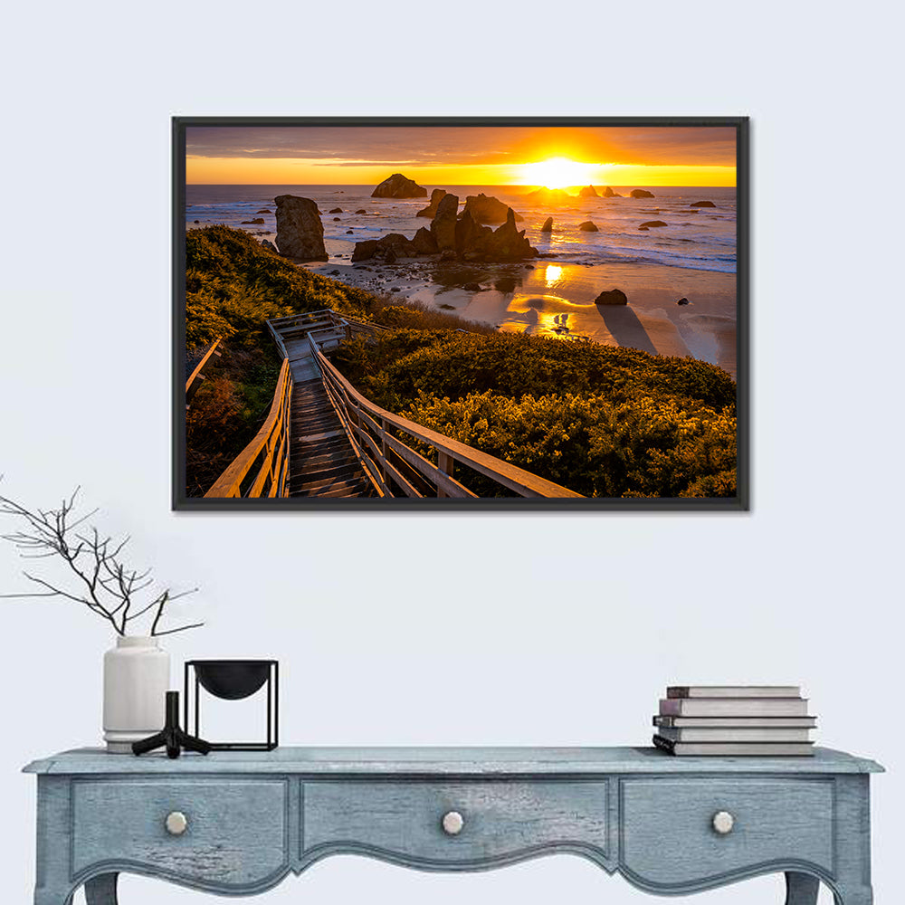 Bandon Beach Sunset Staircase Wall Art in a room, landscape