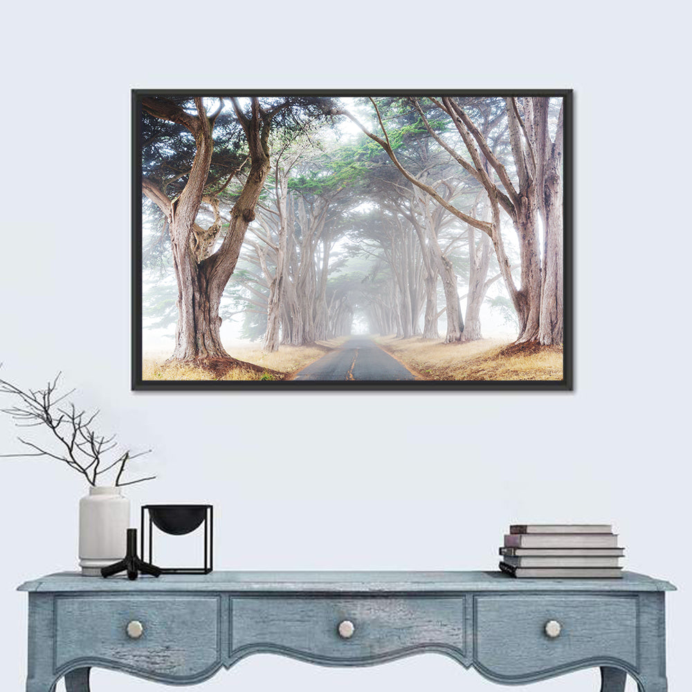 Misty Morning Alleyway Wall Art in a room, landscape
