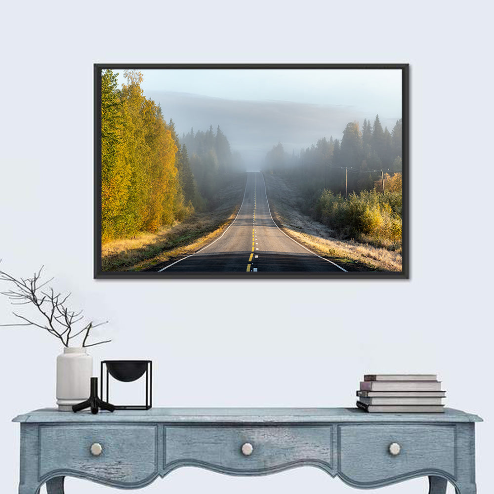 Misty Finnish Forest Highway Wall Art in a room, landscape