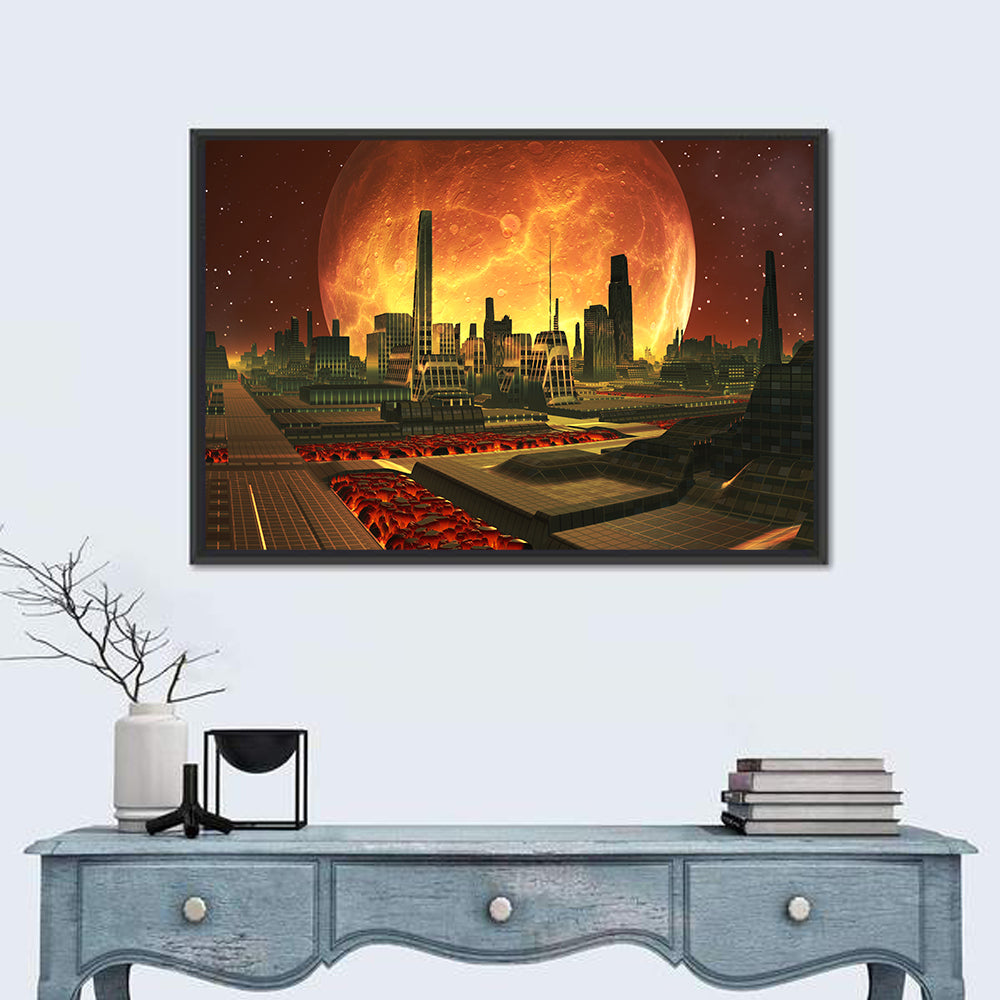 Molten Lunar Cityscape Wall Art in a room, landscape