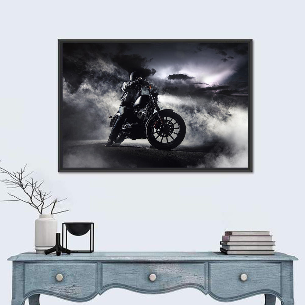 Motorcyclist in Fog at Night Wall Art