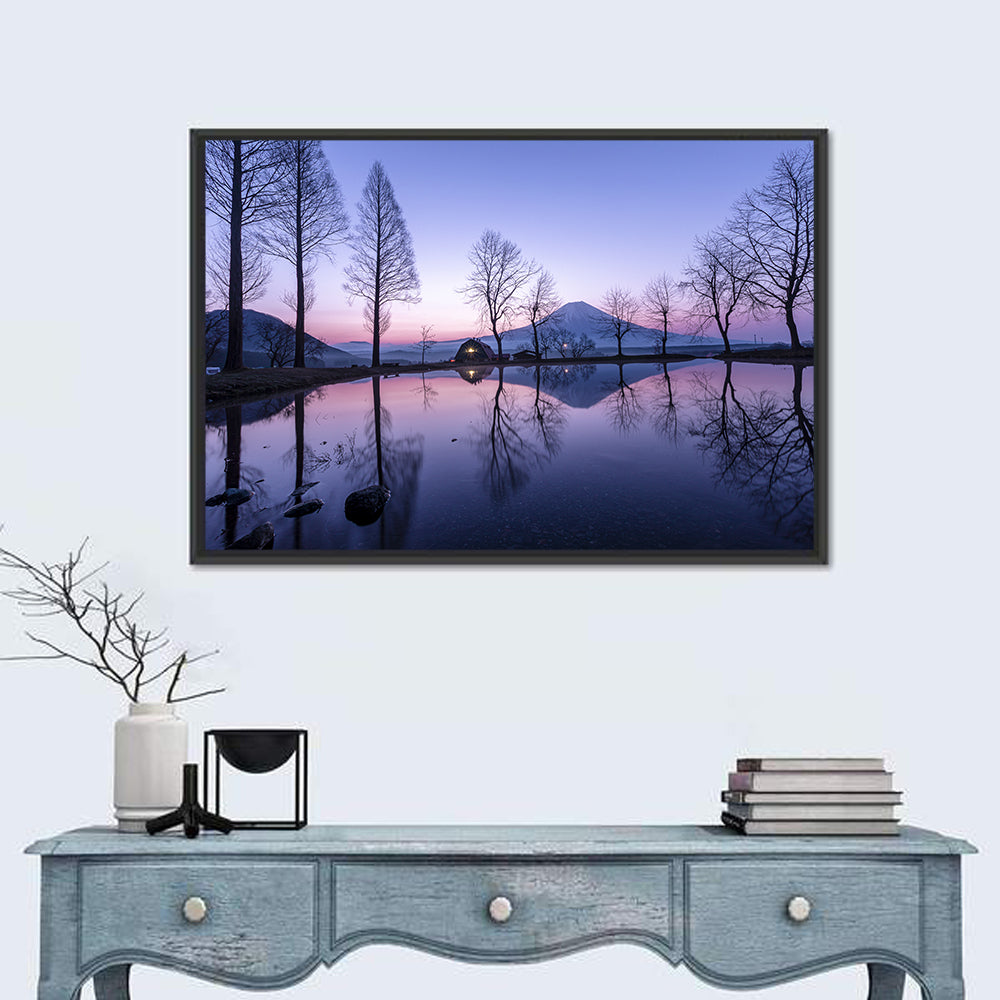 Fuji Lake Reflection Wall Art in a room, landscape