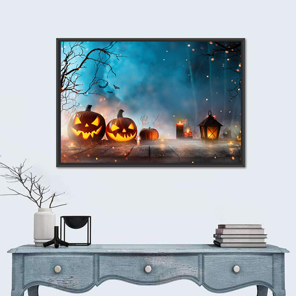 Foggy Halloween Pumpkins Wall Art in a room, landscape