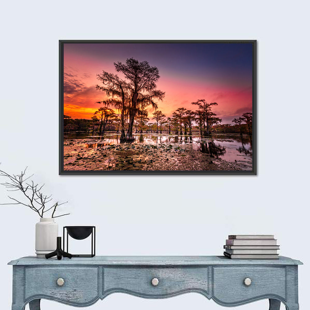Caddo Lake Cypress Sunset Wall Art in a room, landscape