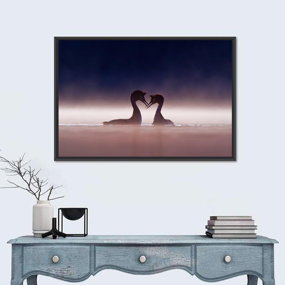 Crested Grebes in Morning Mist Wall Art in a room, landscape