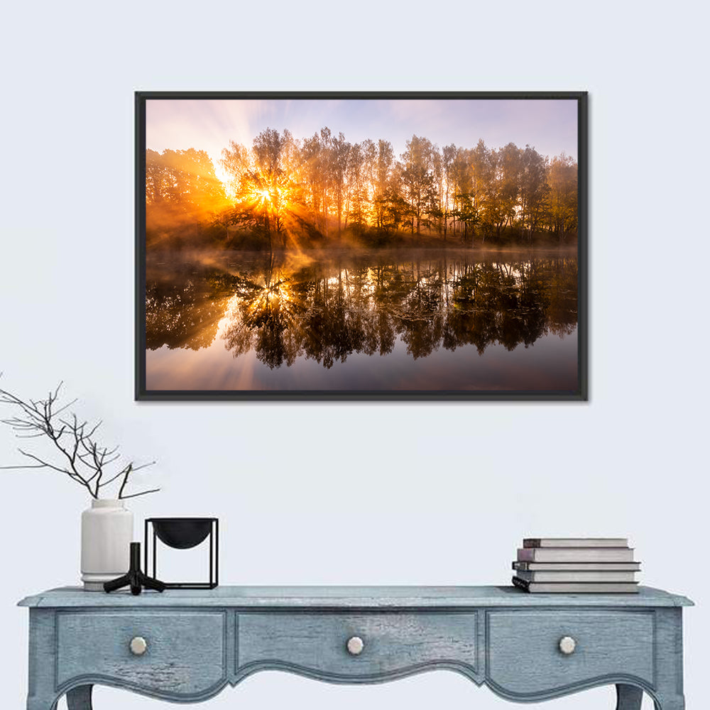 Misty Sunrise Over Pond Wall Art in a room, landscape