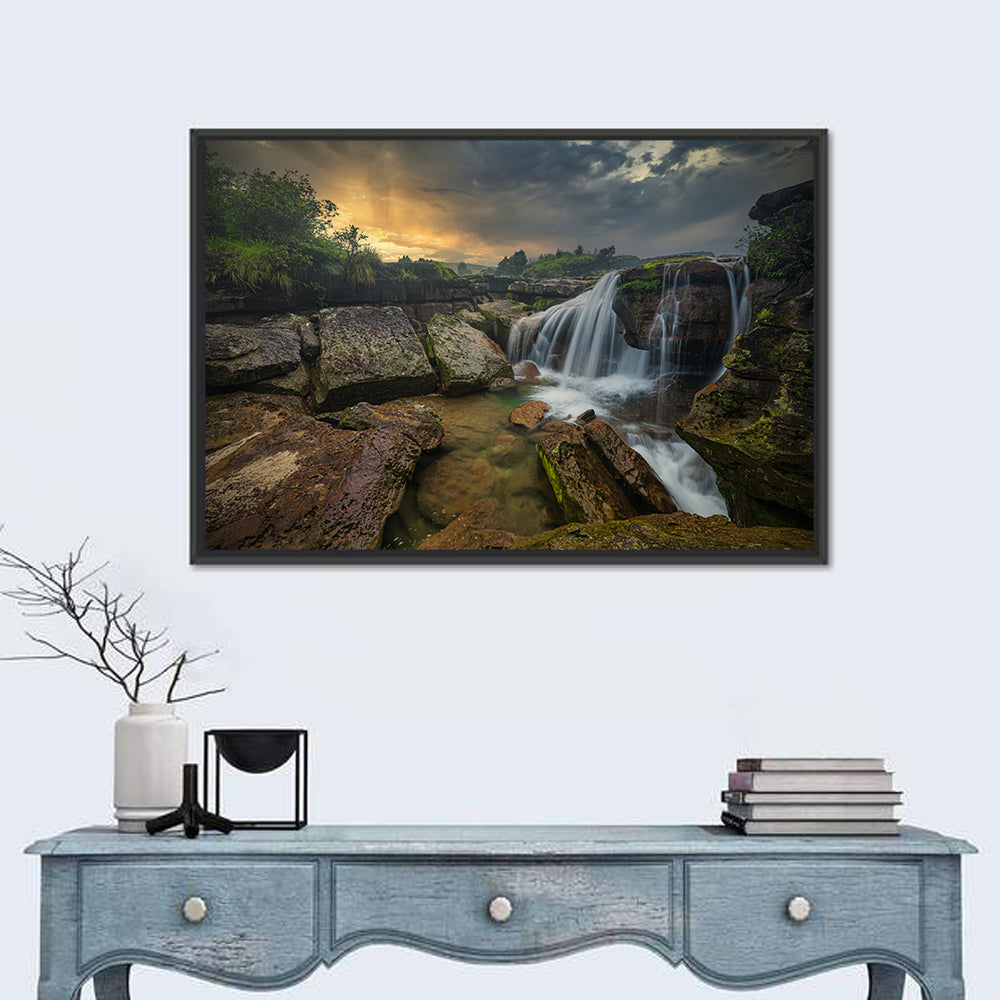 Mossy Rocks Waterfall at Golden Sky Wall Art