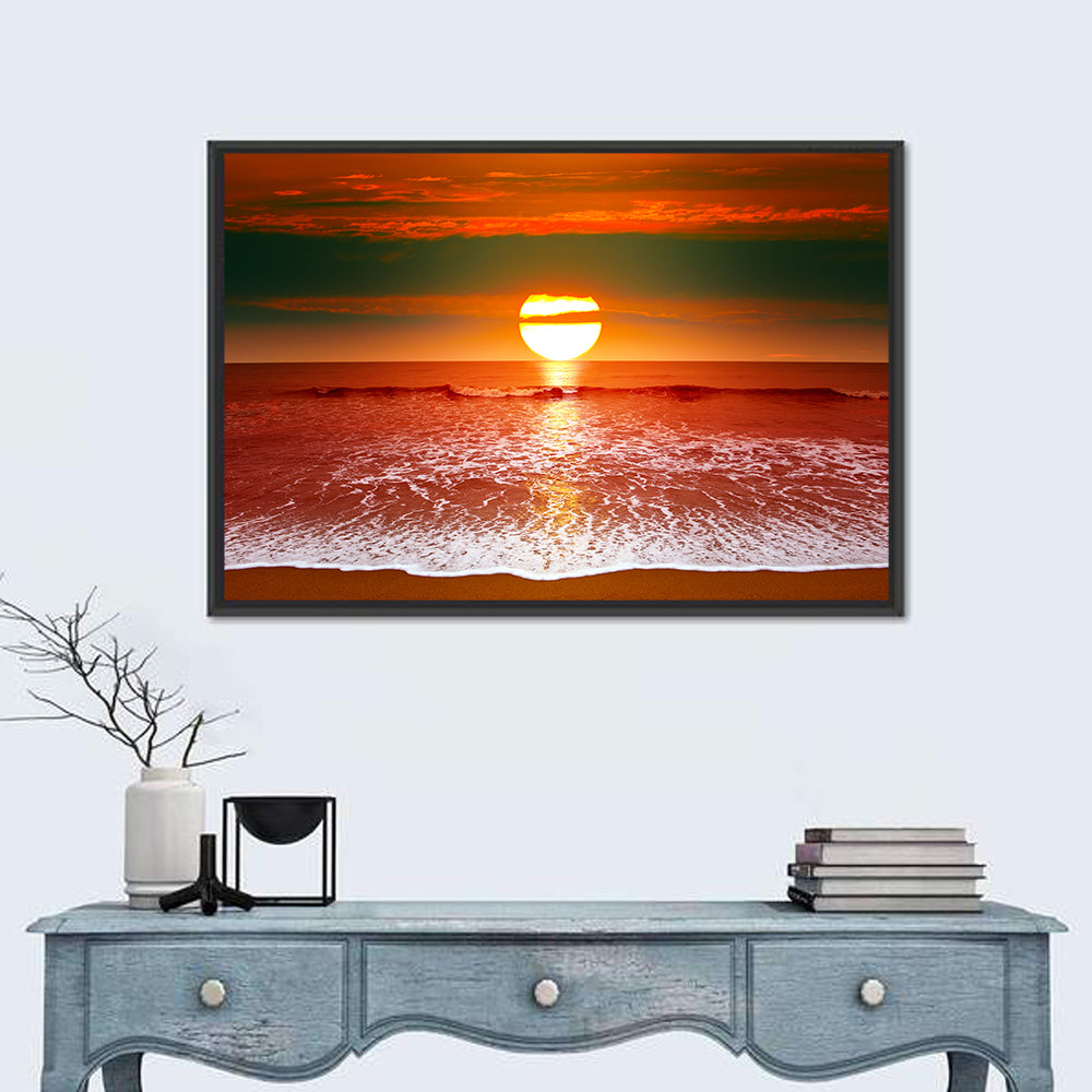 Sunset Over Ocean Wall Art in a room, landscape