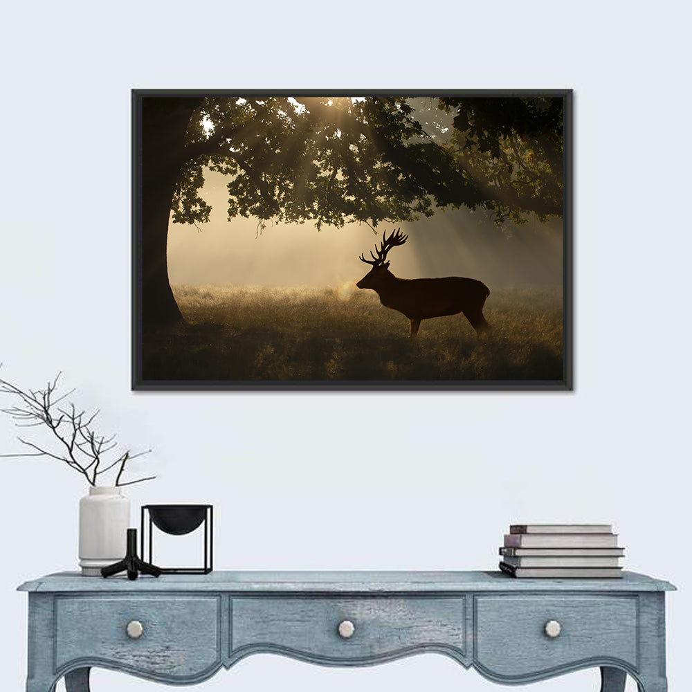 Misty Stag Silhouette Wall Art in a room, landscape