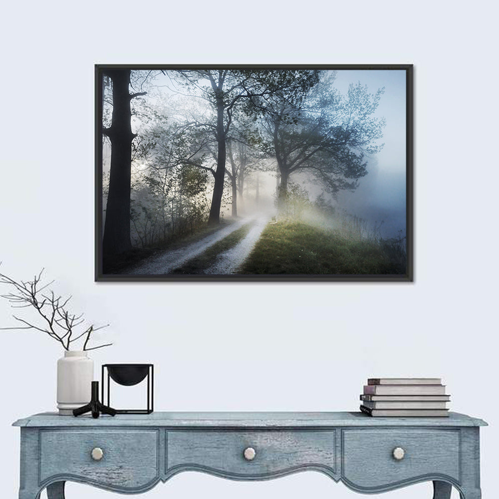 Foggy Forest Path Wall Art in a room, landscape
