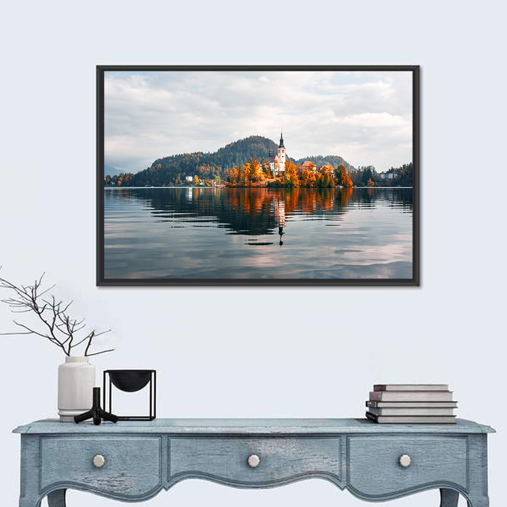 Lake Bled Island Reflection Wall Art in a room, landscape