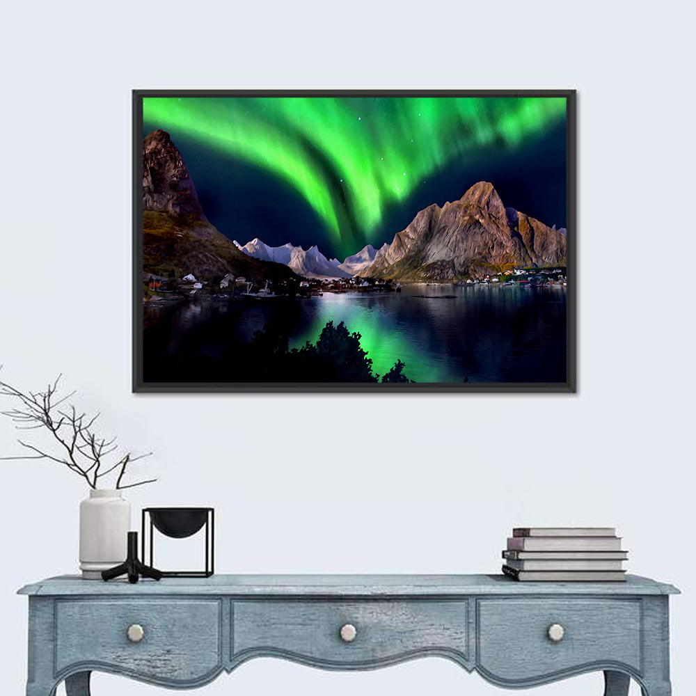 Northern Lights Over Snow Capped Mountains Wall Art in a room, landscape