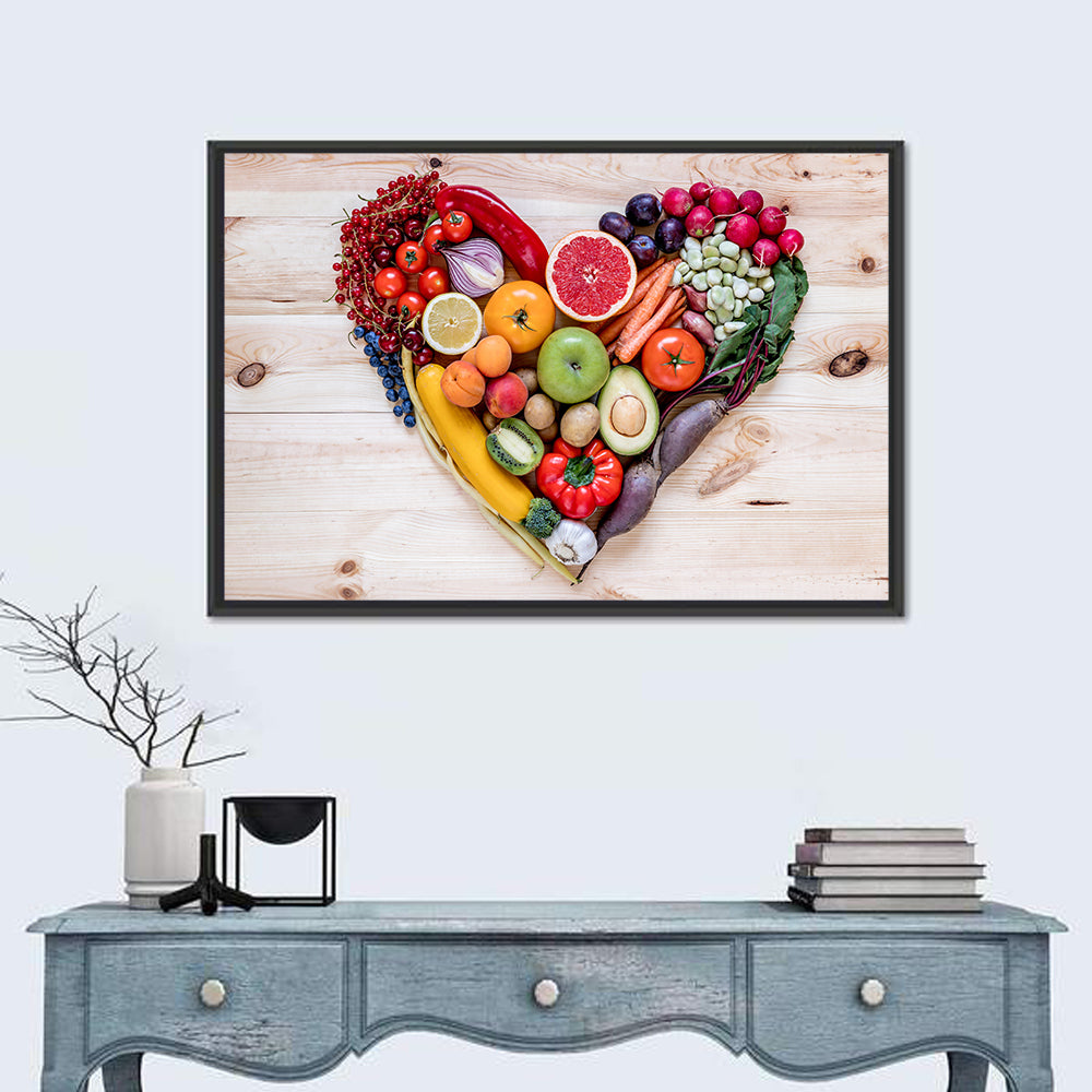 Heart of Fresh Fruits and Vegetables Wall Art in a room, landscape