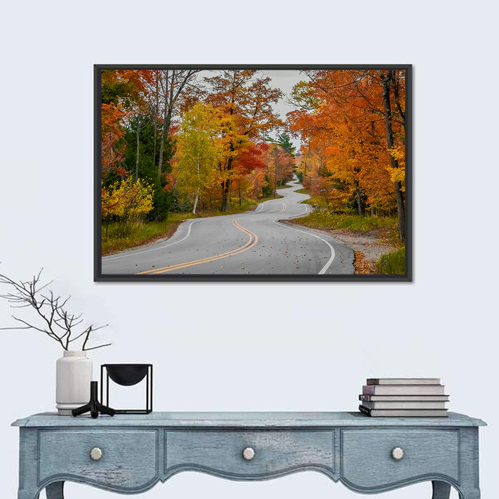 Winding Autumn Highway Wall Art in a room, landscape