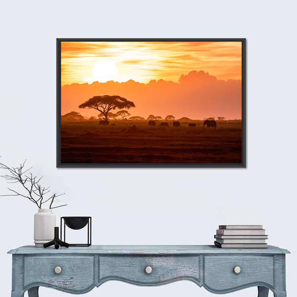 African Elephant Herd at Sunset Wall Art in a room, landscape