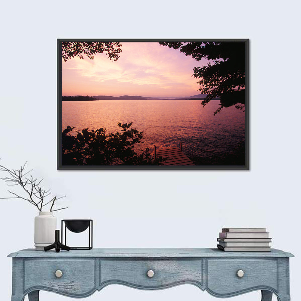 Lake Winnipesaukee Sunset Wall Art in a room, landscape