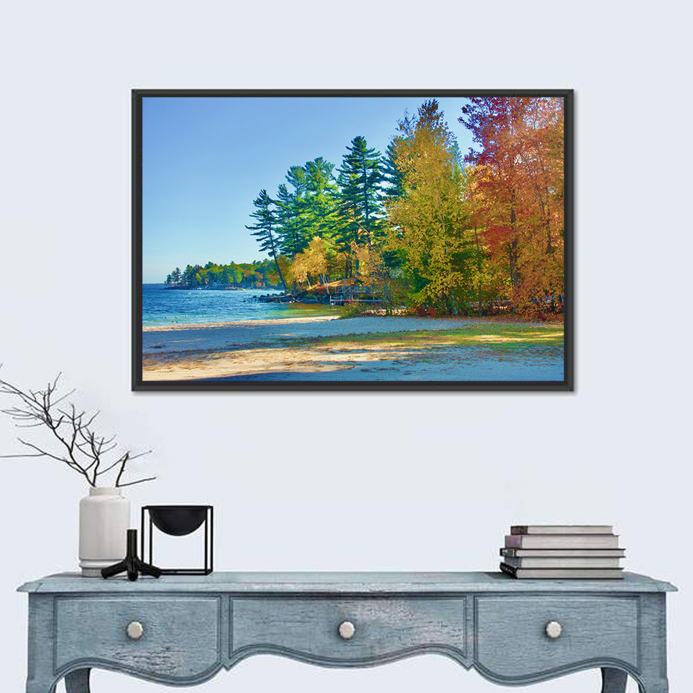 Sebago Lake Pier in Autumn Wall Art in a room, landscape