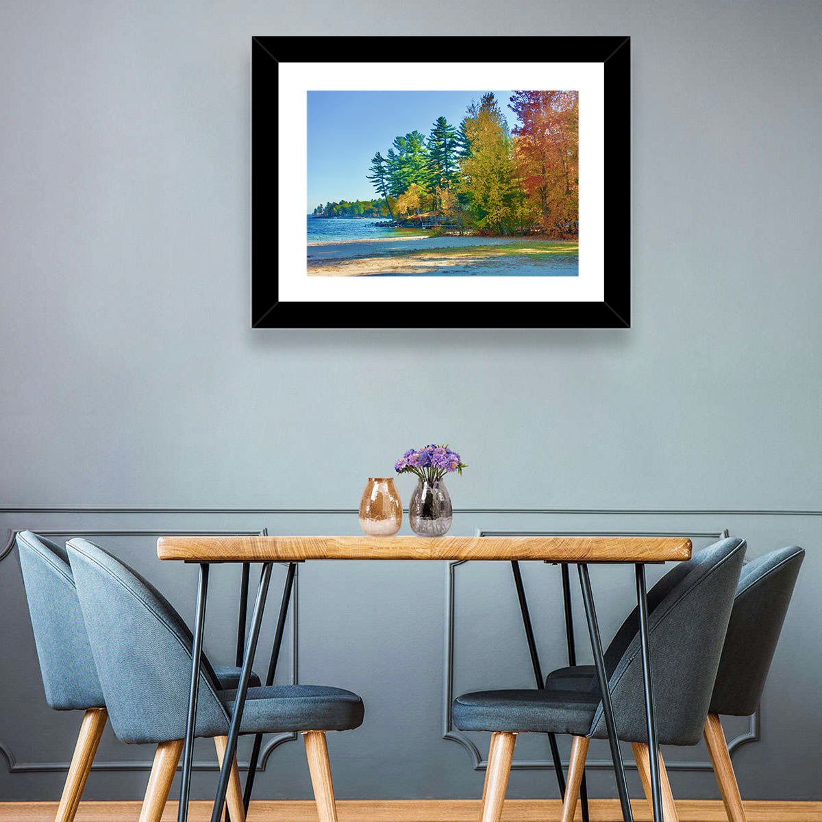 Sebago Lake Pier in Autumn Wall Art in a room, landscape