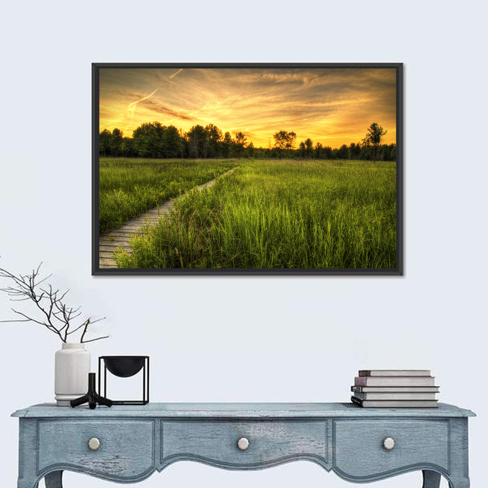 Irwin Prairie Boardwalk Sunset Wall Art in a room, landscape