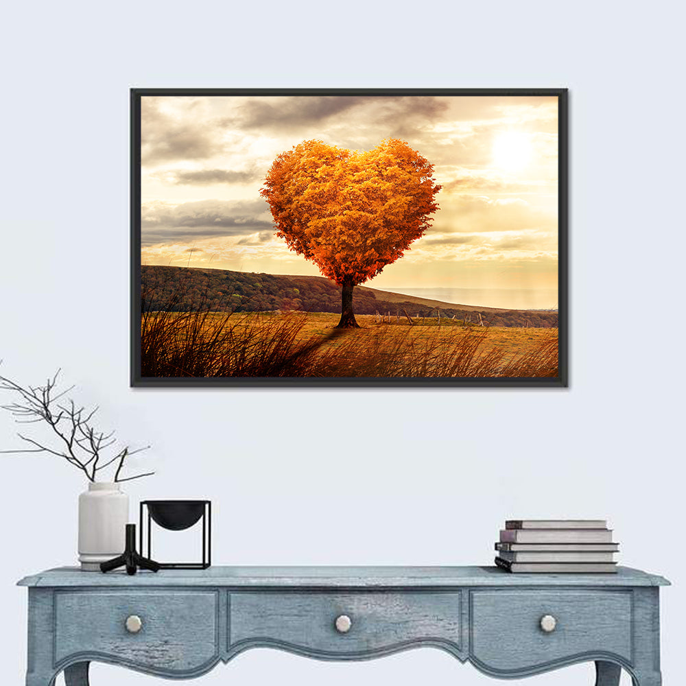 Heart Shaped Tree at Sunset Wall Art in a room, landscape