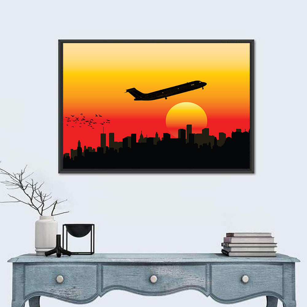 Airplane Over Sunset Skyline Wall Art