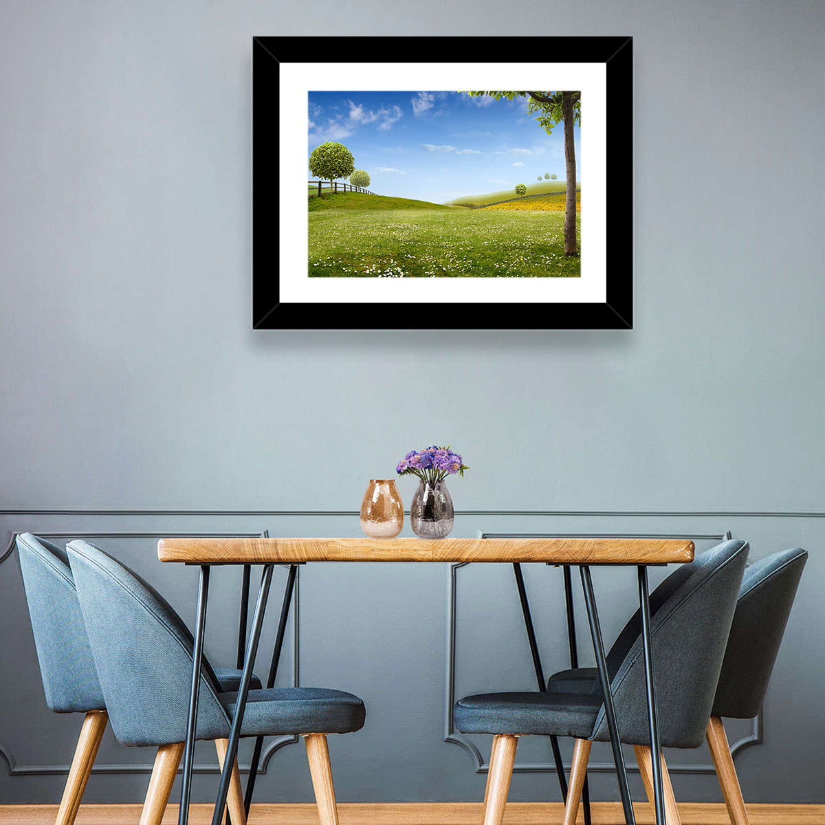 Green Sunflower Fields Wall Art in a room, landscape